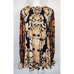 Free People Rhythm In The Night Black Gold Brown Floral Print Tunic, Med, Boho